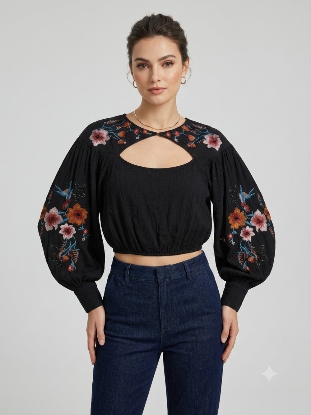 Free People Vintage Black Cropped Top with Embroidered Floral & Bird Detail